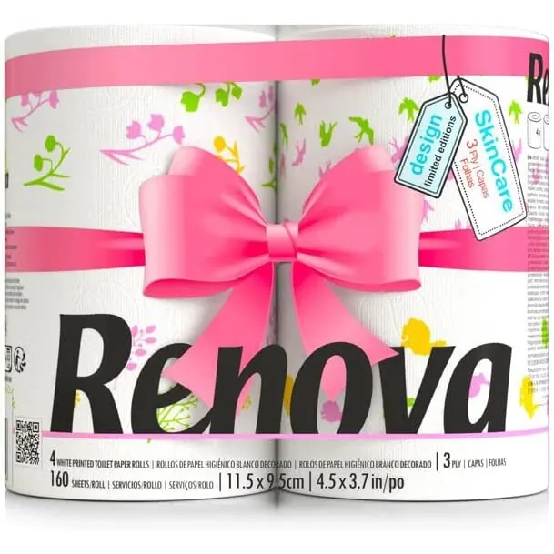 Renova Toilettenpapier Blossom Blumen/Frühling - bedruckt - 3-lagig - Renova - Hochwertiges weißes Klopapier - 4 Rollen