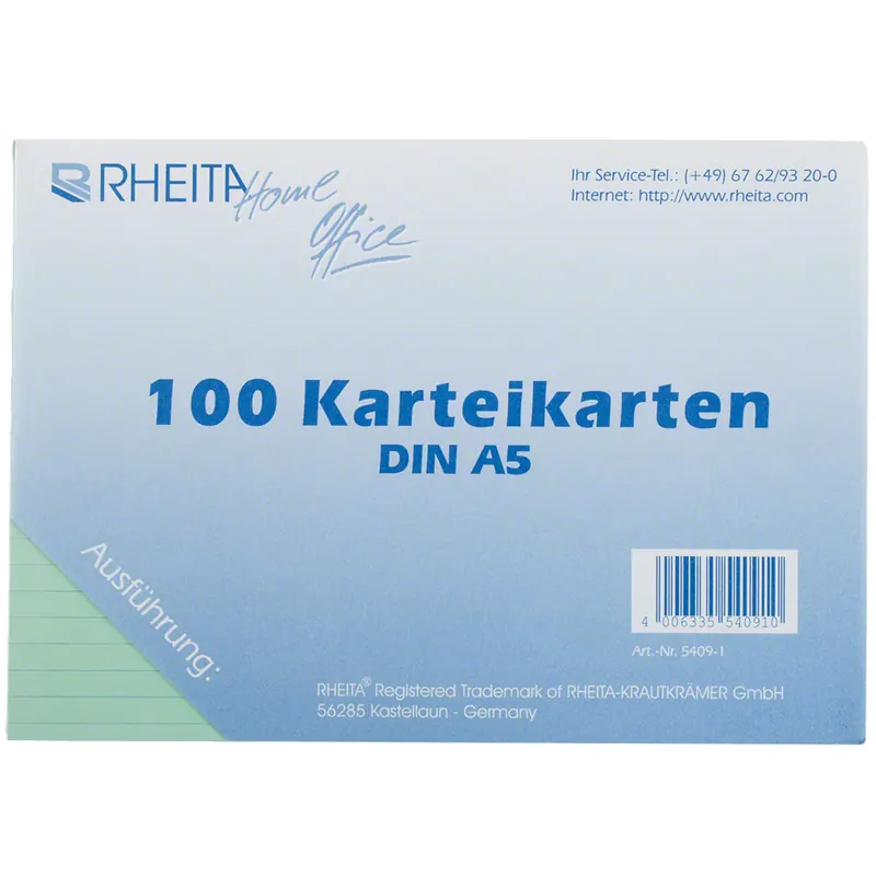 Rheita Karteikarten DIN A5, P/100 Stück, liniert, grün