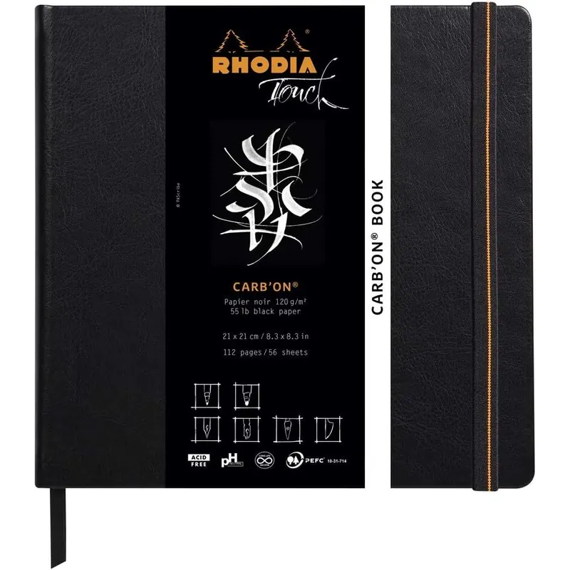 Rhodia 116117C - Skizzenbuch Carb'on Book, 56 Blatt, blanko, schwarz, 120g, 21 x 21 cm, Hardcover mit Kunstleder, Schwarz, 1 Stück