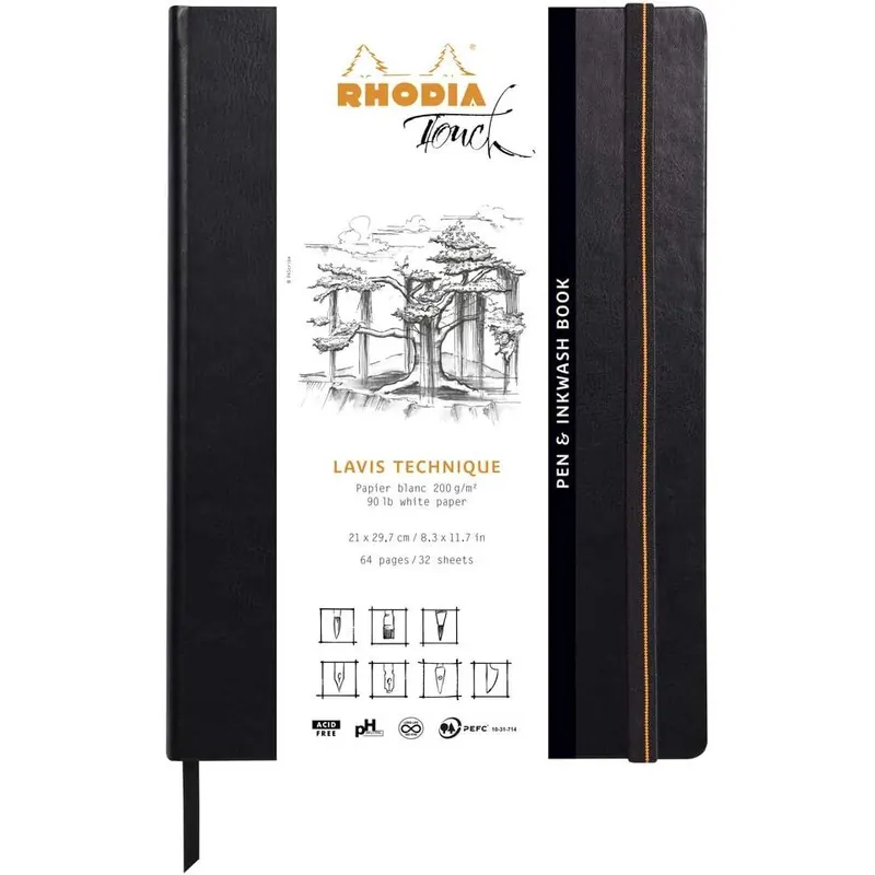 Rhodia 116128C - Heft Pen&Inkwash Book DIN A4 (21x29,7 cm), 32 Blatt, blanko, Clairefontaine Papier Lavis weiß 200g, Gummizugverschluss, Lesezeichen, Kunstleder, Schwarz, 1 Stück