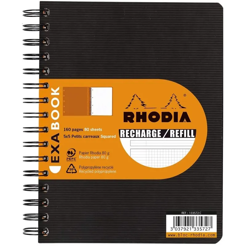 Rhodia 133572C SpiralBlock (DIN A5, 14,8 x 21 cm, kariert, ideal für Ihre Notizen, 80 Blatt) 1 Stück schwarz