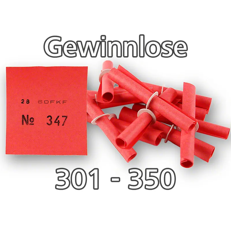 rote Tombola-Röllchenlose mit Pappringverschluss, Nummernsatz 301-350