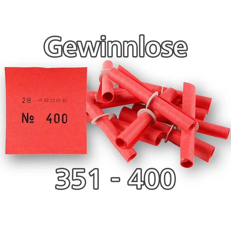 rote Tombola-Röllchenlose mit Pappringverschluss, Nummernsatz 351-400