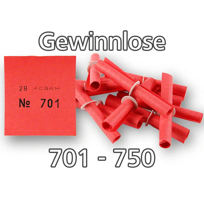 rote Tombola-Röllchenlose mit Pappringverschluss, Nummernsatz 701-750