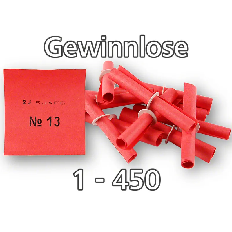 rote Tombola-Röllchenlose mit Pappringverschluss, Nummernsatz Set 1-450