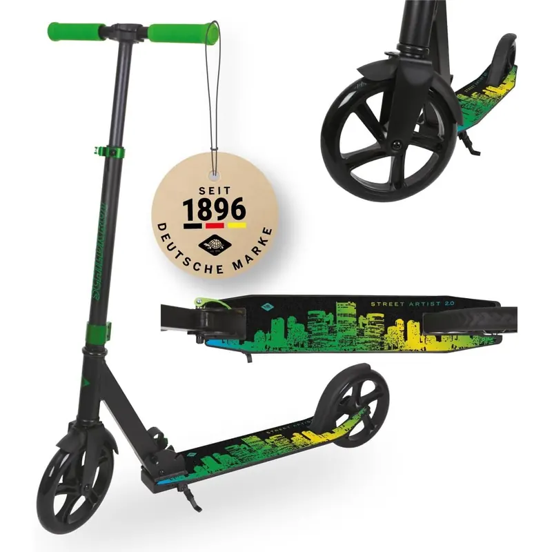 Schildkröt 10103 City Scooter Street Artist 2.0 I Aluminium Scooter 200 mm Räder I XXL-Deck 57 x 11,5 cm I 5-Fach höhenverstellbarer Lenker 79–100 cm I klappbar I ABEC7 Kugellager I bis 100 kg