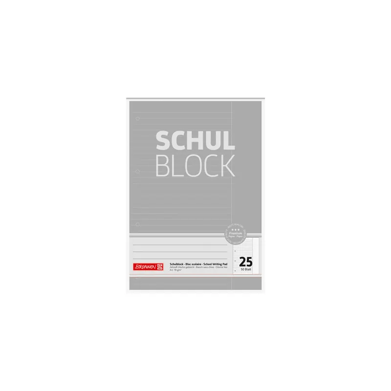 Schulblock Brunnen Premium 52625 - A4 210 x 297 mm liniert Lineatur25 10 mm mit Rand 50 Blatt 4-fach-Lochung Premiumpapier 90 g/m²