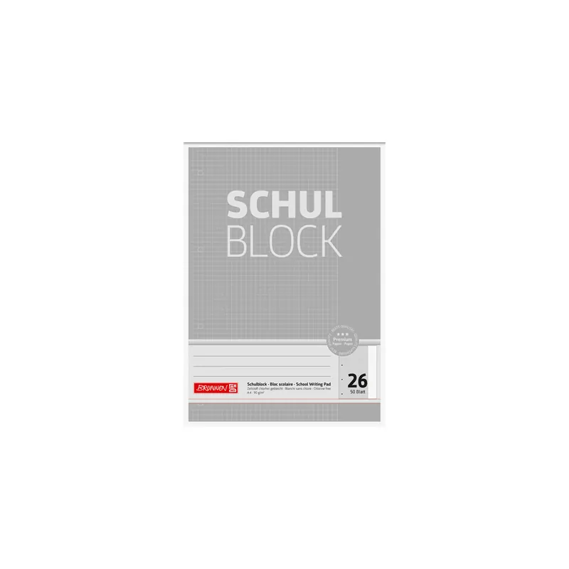 Schulblock Brunnen Premium 52626 - A4 210 x 297 mm kariert Lineatur26 5 x 5 mm mit Rand 50 Blatt 4-fach-Lochung Premiumpapier 90 g/m²