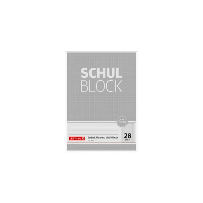 Schulblock Brunnen Premium 52628 - A4 210 x 297 mm kariert Lineatur28 5 x 5 mm mit Doppelrand 50 Blatt 4-fach-Lochung Premiumpapier 90 g/m²