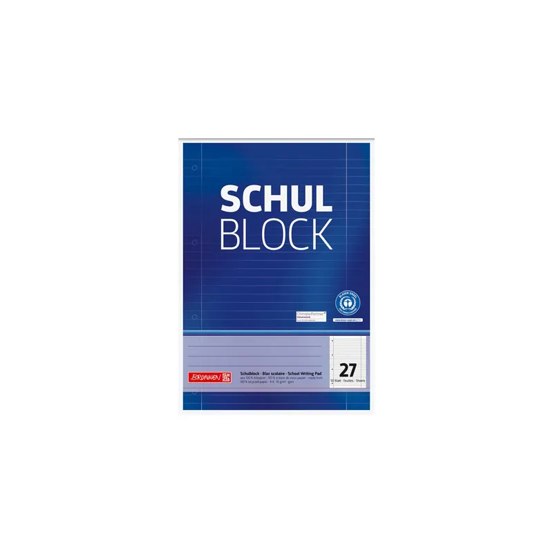 Schulblock Brunnen Recycling 52607 - A4 210 x 297 mm liniert Lineatur27 10 mm mit Doppelrand 50 Blatt 4-fach-Lochung Recyclingpapier 70 g/m²