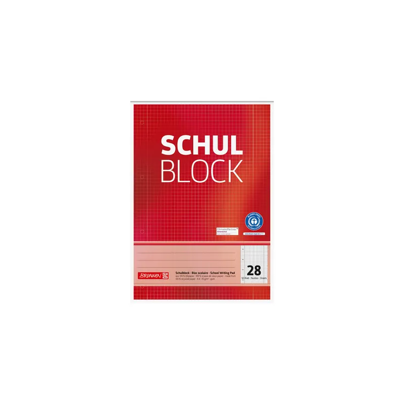 Schulblock Brunnen Recycling 52608 - A4 210 x 297 mm kariert Lineatur28 5 x 5 mm mit Doppelrand 50 Blatt 4-fach-Lochung Qualitätspapier Blauer Engel 70 g/m²