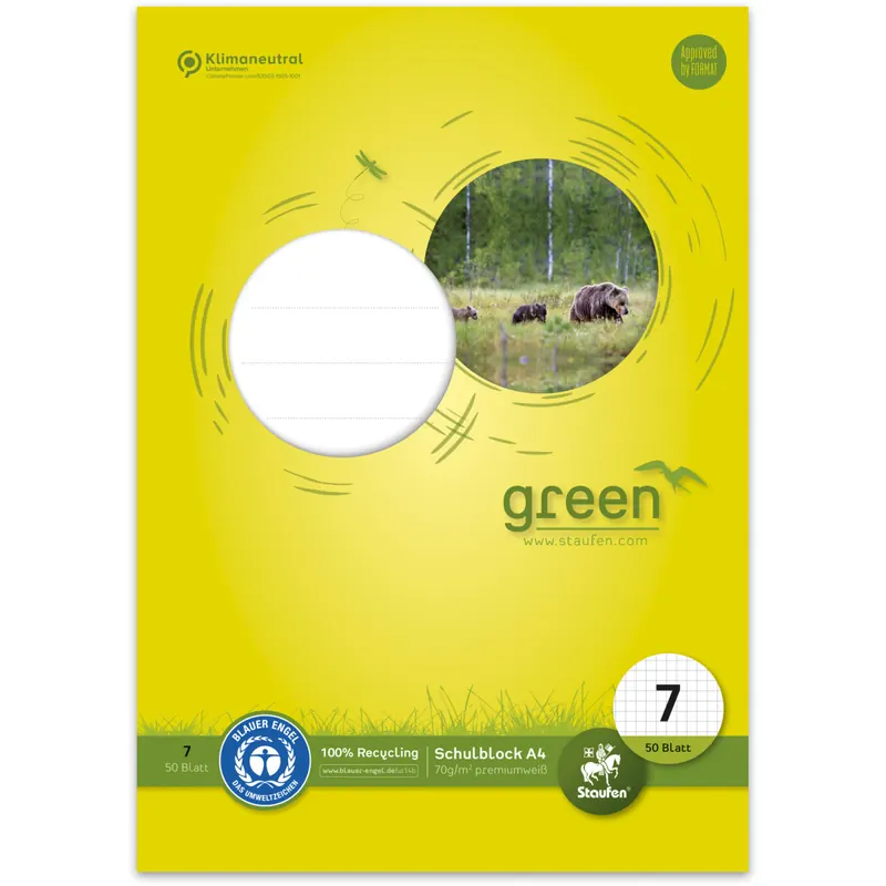 Schulblock Staufen green paper 040750007 - A4 210 x 297 mm kariert Lineatur07 7 x 7 mm 50 Blatt 4-fach-Lochung Recyclingpapier Blauer Engel 70 g/m²