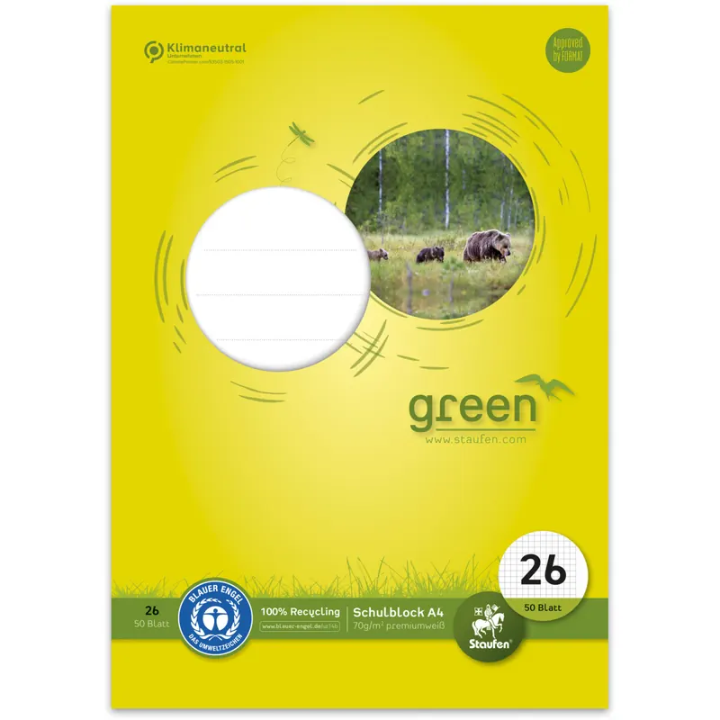 Schulblock Staufen green paper 040750026 - A4 210 x 297 mm kariert Lineatur26 5 x 5 mm mit Rand 50 Blatt 4-fach-Lochung Recyclingpapier Blauer Engel 70 g/m²