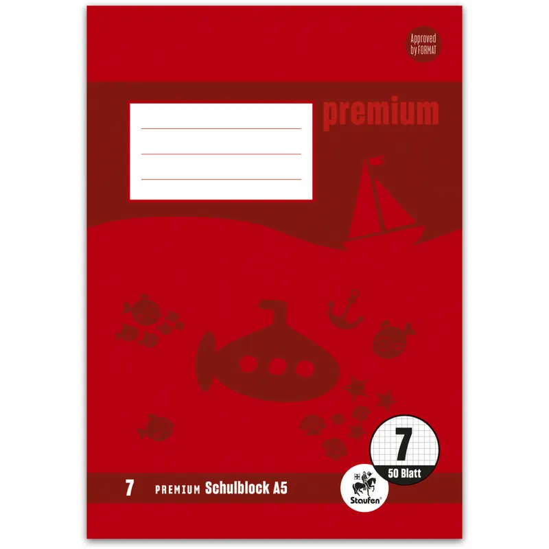 Schulblock Staufen Premium Academy 734042007 - A5 148 x 210 mm kariert Lineatur07 7 x 7 mm 50 Blatt 2-fach-Lochung hochweißes Premiumpapier klimaneutral 90 g/m²