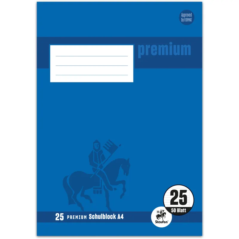 Schulblock Staufen Premium Academy 734044225 - A4 210 x 297 mm liniert Lineatur25 10 mm mit Rand 50 Blatt 4-fach-Lochung hochweißes Premiumpapier klimaneutral 90 g/m²