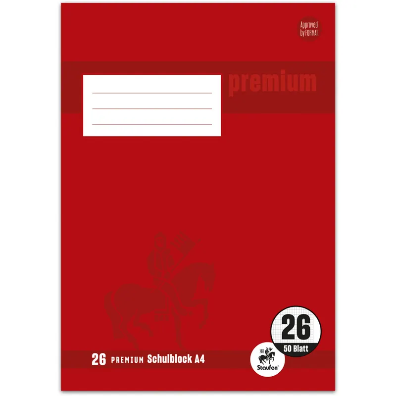 Schulblock Staufen Premium Academy 734044226 - A4 210 x 297 mm kariert Lineatur26 5 x 5 mm mit Rand 50 Blatt 4-fach-Lochung hochweißes Premiumpapier klimaneutral 90 g/m²