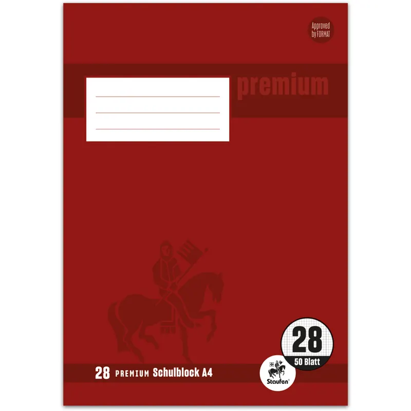 Schulblock Staufen Premium Academy 734044228 - A4 210 x 297 mm kariert Lineatur28 5 x 5 mm mit Doppelrand 50 Blatt 4-fach-Lochung hochweißes Premiumpapier klimaneutral 90 g/m²