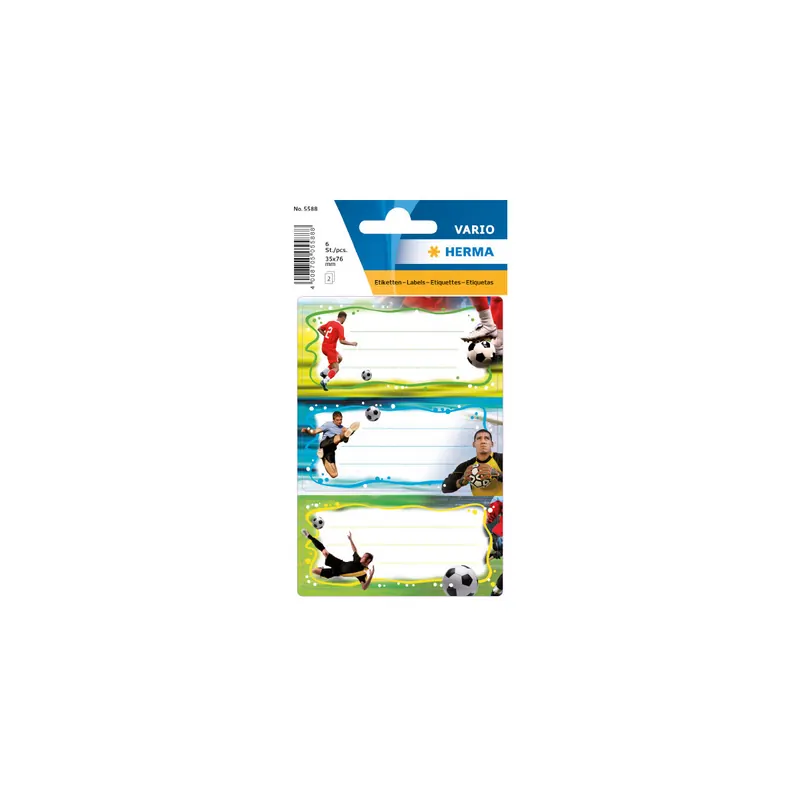 Schulbuchetikett Herma 5588 - auf Bogen 35 x 76 mm Fußball permanent für Handbeschriftung Papier Pckg/6