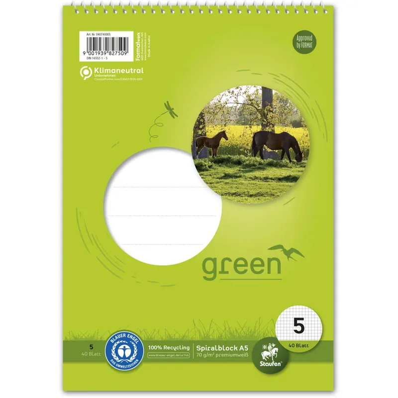 Schulspiralblock Staufen green paper 040740005 - A5 148 x 210 mm kariert Lineatur05 5 x 5 mm 40 Blatt Recyclingpapier Blauer Engel 70 g/m²