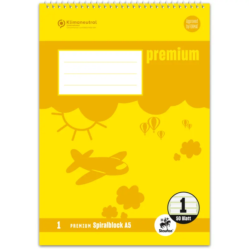 Schulspiralblock Staufen Premium Academy 734042101 - A5 148 x 210 mm liniert Lineatur01 vier Linien 5 mm 40 Blatt hochweißes Premiumpapier klimaneutral 90 g/m²