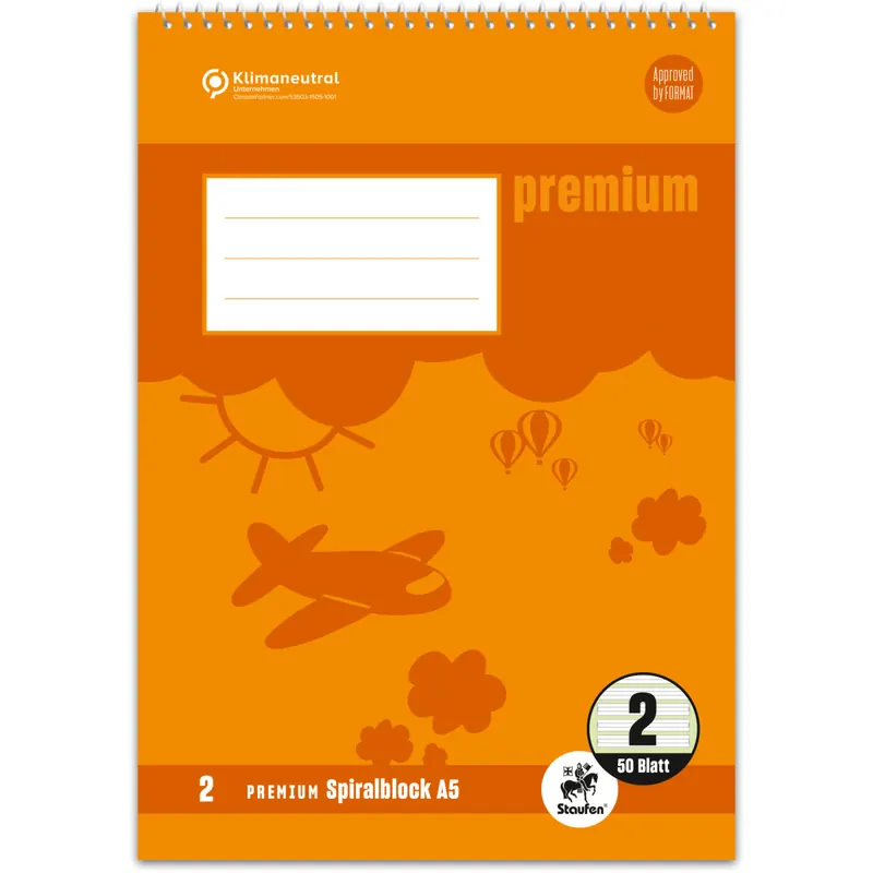Schulspiralblock Staufen Premium Academy 734042102 - A5 148 x 210 mm liniert Lineatur02 vier Linien 4 mm 40 Blatt hochweißes Premiumpapier klimaneutral 90 g/m²