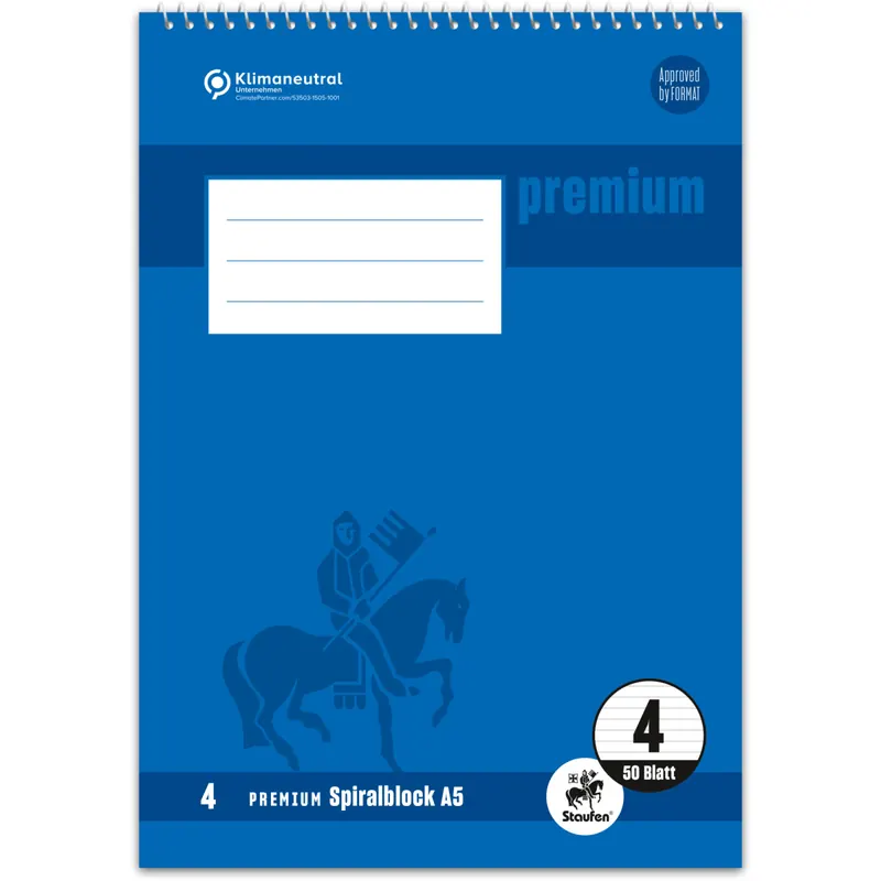 Schulspiralblock Staufen Premium Academy 734042104 - A5 148 x 210 mm liniert Lineatur04 mit Schreiblinie 40 Blatt Recyclingpapier Blauer Engel 70 g/m²