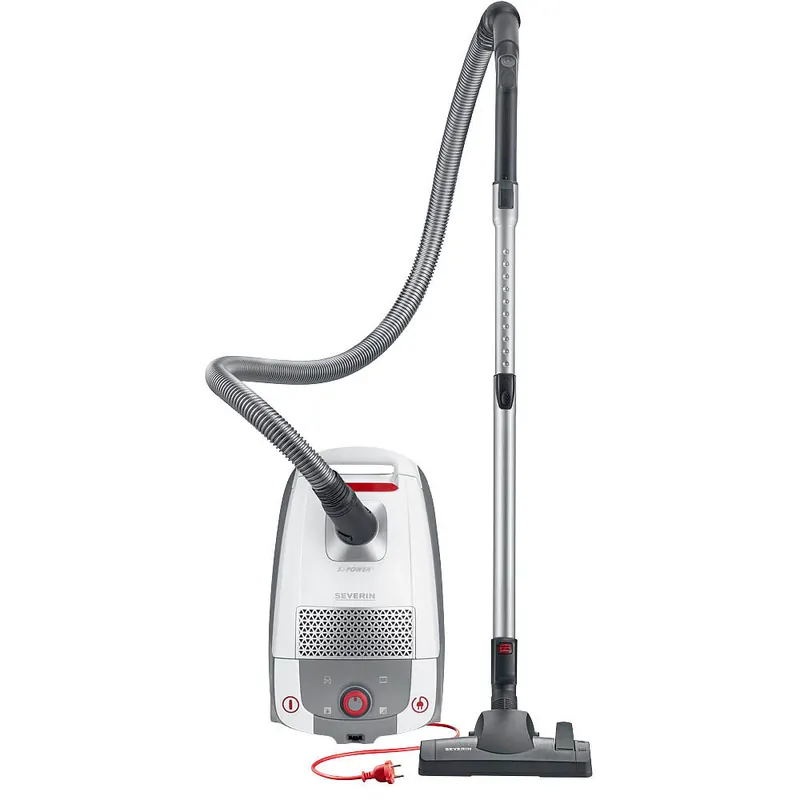 SEVERIN Bodenstaubsauger mit Beutel, leistungsstarker Staubsauger mit praktischem Zubehör, leiser Sauger mit 360° Rollen für hohe Flexibilität, weiß/rot, BC 7047