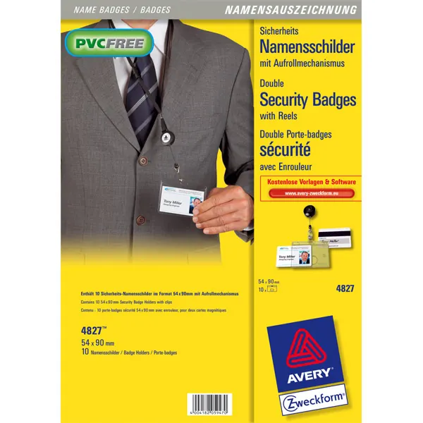 Sicherheitsnamensschilder Avery Zweckform 4827 - 54 x 90 mm transparent mit Clip Pckg/10