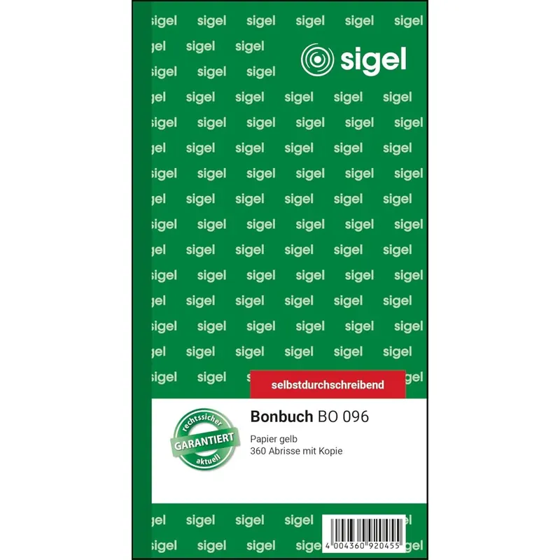 SIGEL BO096 Bonbuch Bonblock, 360 Abrisse gelb, 10,5 x 20 cm, 2x60 Blatt, selbstdurchschreibend, aus nachhaltigem Papier