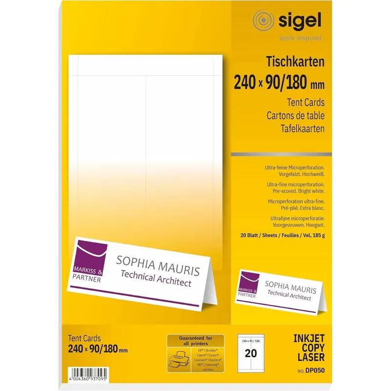 SIGEL DP050 Tischkarten Platzkarten bedruckbar 24 x 9 cm (auf A4) 20 St.