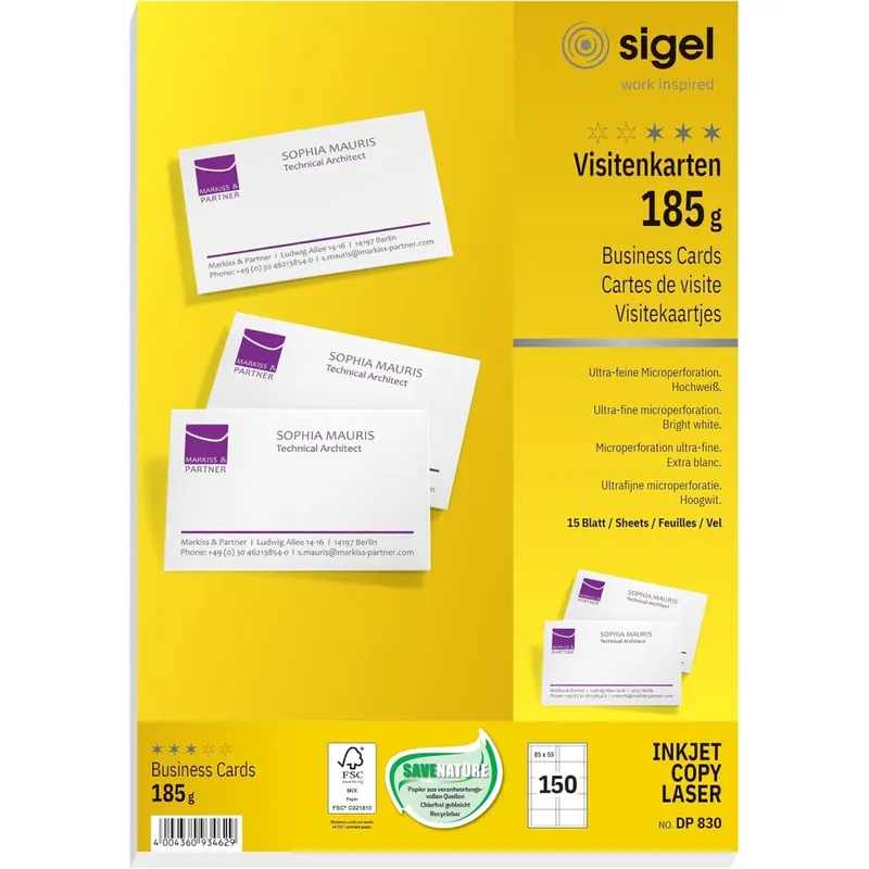 SIGEL DP830 Visitenkarten bedruckbar hochweiß 150 Stk 85x55 mm
