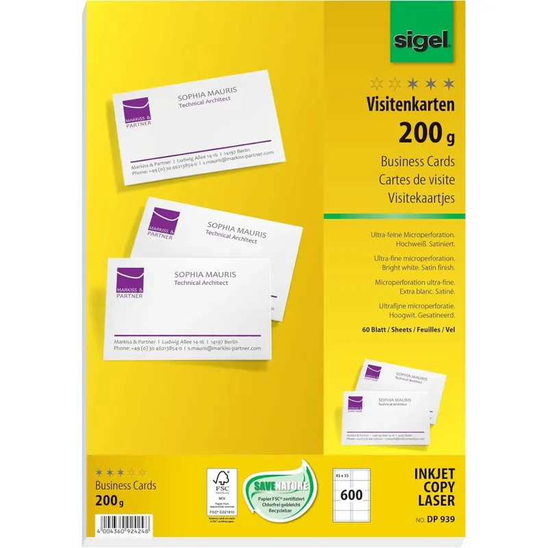SIGEL DP939 bedruckbare Visitenkarten hochweiß, 600 Stück (60 Blatt), 200 g, 85x55 mm, beidseitig bedruckbar und satiniert