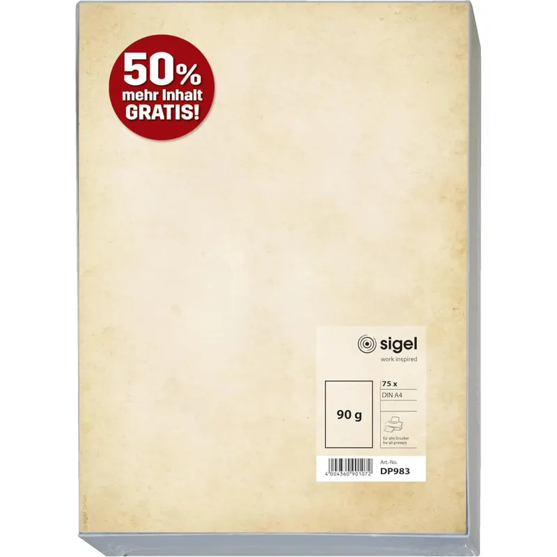 SIGEL DP983 Motiv-Papier Vintage, DIN A4, 50 Blatt + 25 Blatt gratis, beidseitig bedrucktes Briefpapier, 90 g, aus nachhaltigem Papier