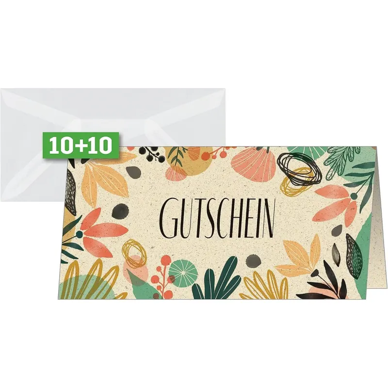SIGEL DS620 Gutscheinkarten Geschenkgutscheine | Vordrucke zum Selbstausfüllen für Unternehmen, Gastronomie "Colorful plants" | DIN lang | 10 Stück mit Umschläge | aus nachhaltigem Graspapier