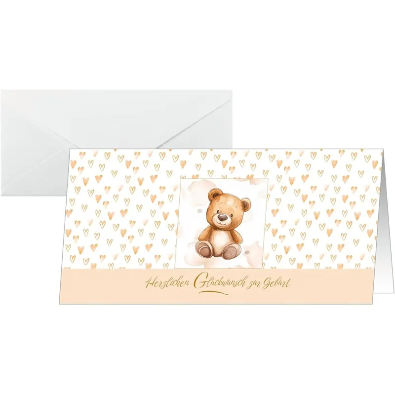 SIGEL DS623 Glückwunsch-Karten zur Geburt "Teddy", DIN lang, 10 Stück mit Umschlägen, ideal zum Bedrucken, braun