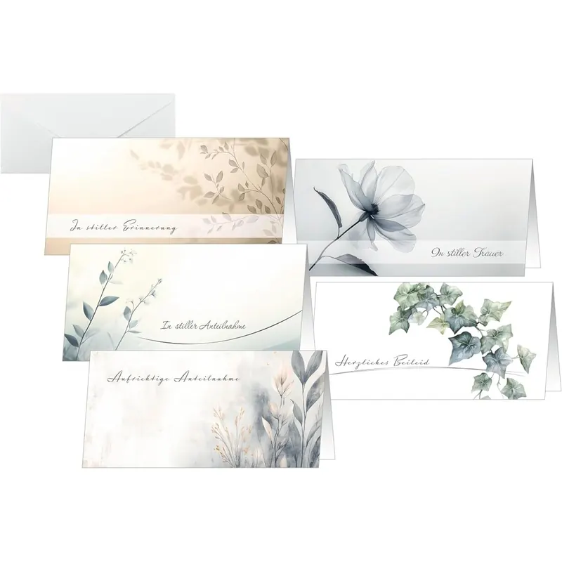 SIGEL DS625 Trauerkarten-Set "Floral" 5 Motive, 10er Set mit Umschlag, DIN lang, ideal zum Bedrucken, aus nachhaltigem Papier