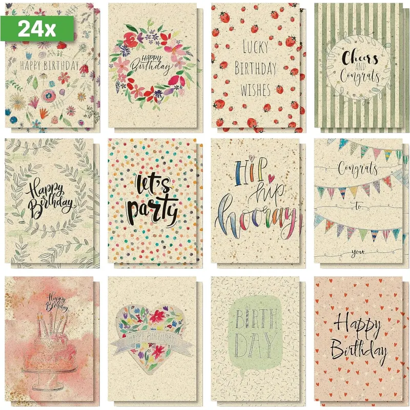 SIGEL DS702 Geburtstags-Postkarten-Set, 24 Stück, "Happy Grassy Birthday", A6, 12 unterschiedliche Geburtstagskarten aus nachhaltigem Graskarton, aus nachhaltigem Papier
