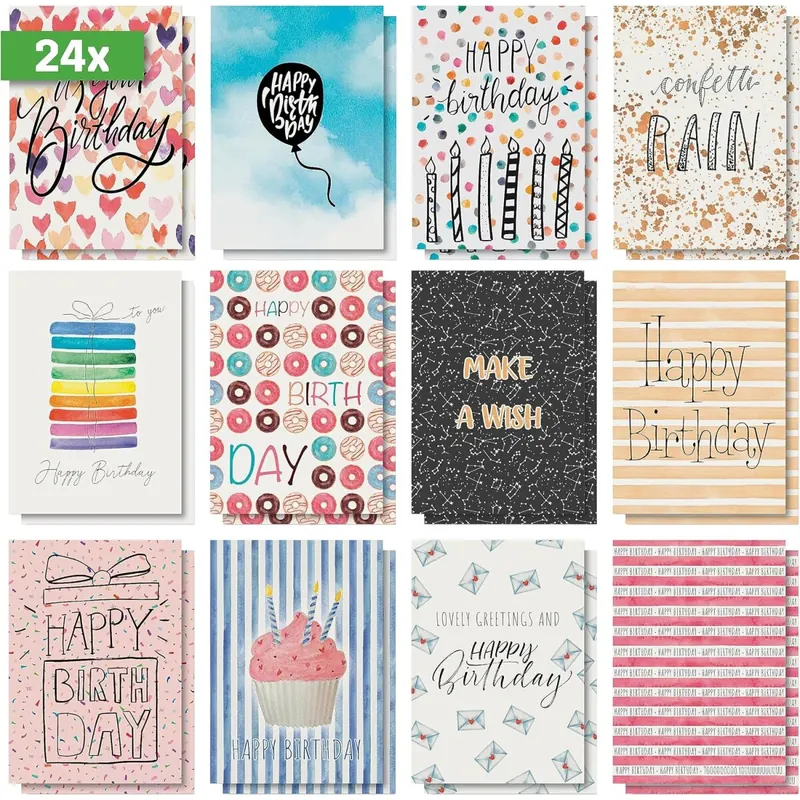 SIGEL DS703 Geburtstags-Postkarten-Set, 24 Stück, "Colourful Birthday Fun", A6, 12 unterschiedliche Geburtstagskarten, aus nachhaltigem Papier