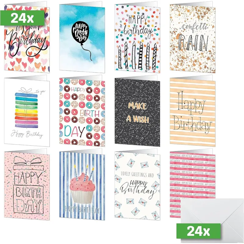 SIGEL DS705 Geburtstags-Karten-Set, 24 Stück, A6, inkl. weiße Umschläge, 12 unterschiedliche Geburtstagskarten, aus nachhaltigem Papier