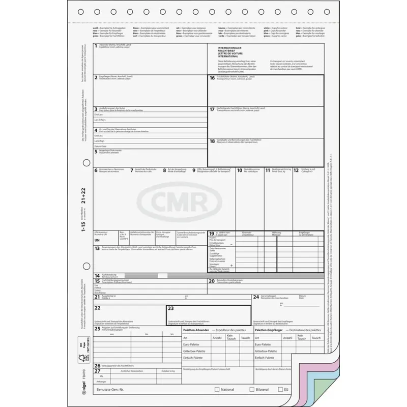 SIGEL FB490 Internationaler CMR-Frachtbrief A4-4x 1 Blatt - selbstdurchschreibend - 50 Stück