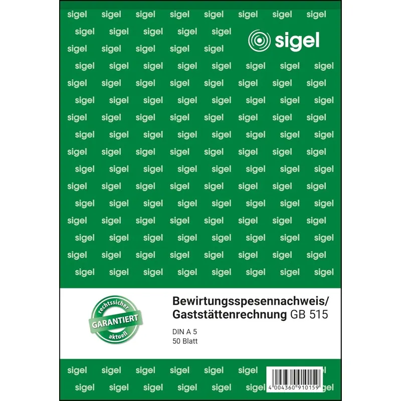 SIGEL GB515 Bewirtungsspesennachweis, 2seitig bedruckt, A5, 50 Blatt, aus nachhaltigem Papier