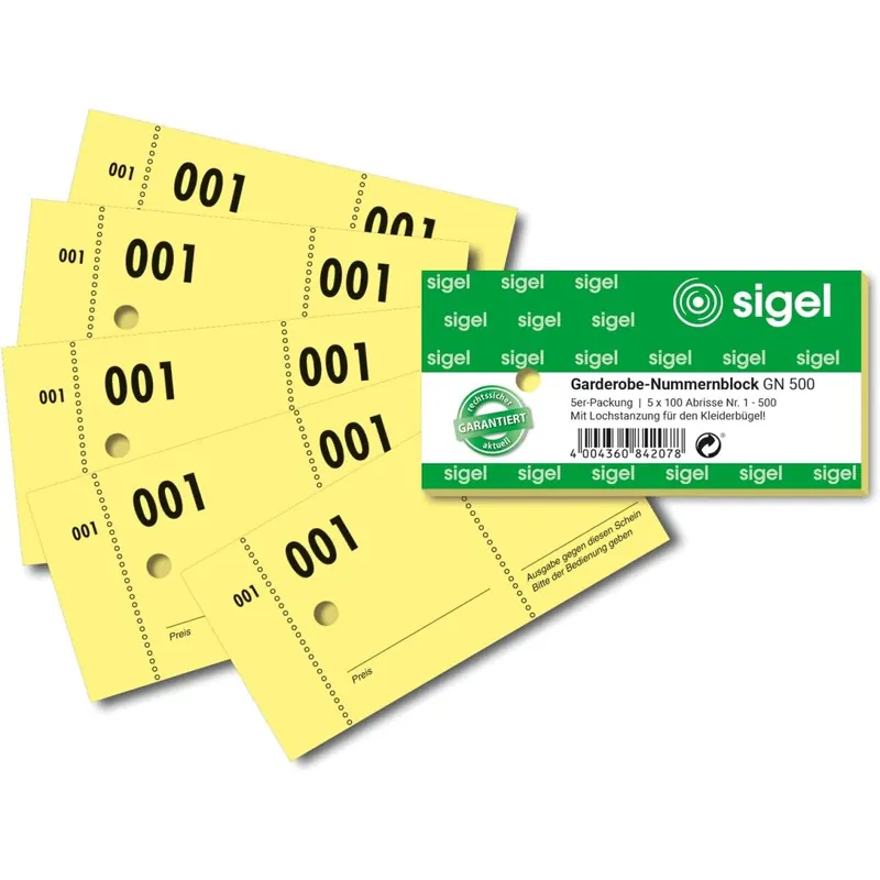 SIGEL GN500 Garderoben-Nummernblöcke mit Lochstanzung, 500 Bons (fortlaufend nummerierte Blöcke von 1 bis 500, 10,5 x 5 cm), gesamt 5 Blocks, aus nachhaltigem Papier