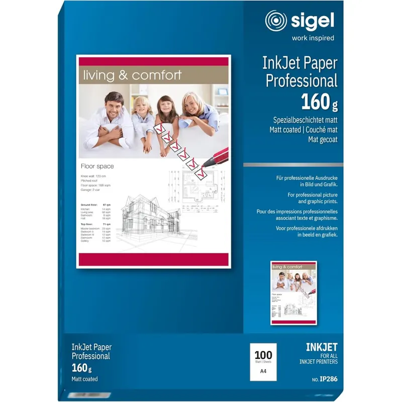 SIGEL IP286 InkJet-Papier Professional, A4, 100 Blatt, spezialbeschichtet matt, weiß, 160 g, für Präsentationen, Bewerbungen, Flyer