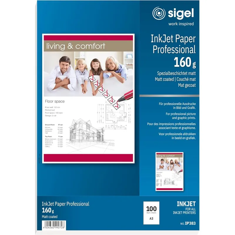 SIGEL IP383 InkJet-Papier Professional, A3, 100 Blatt, spezialbeschichtet matt, weiß, 160 g, für Präsentationen, Angebote, Flyer