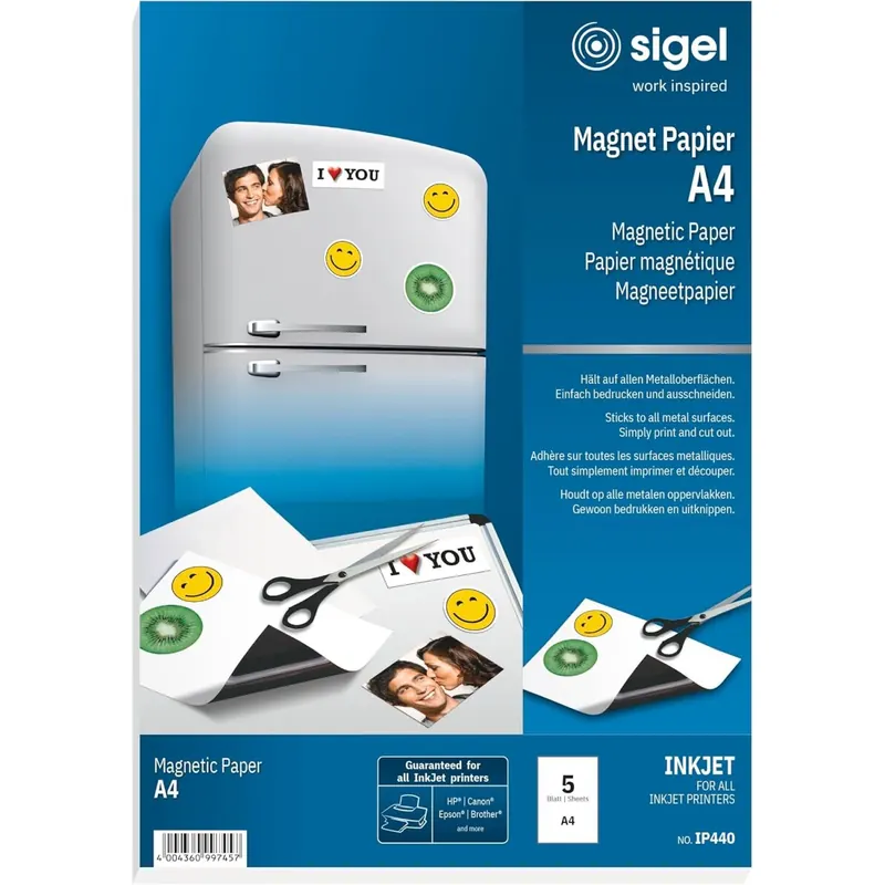 SIGEL IP440 bedruckbares Magnet-Papier / Magnetfolie für InkJet, A4, 5 Blatt, weiß