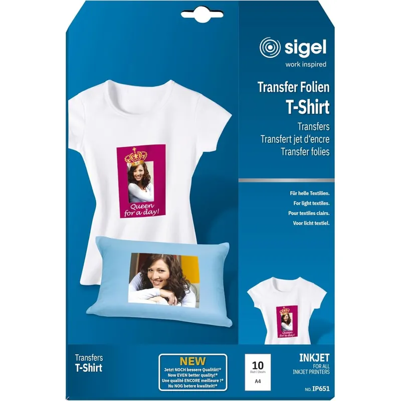 SIGEL IP651 Transferpapier Transferfolie Bügelfolie für helle Textilien und Tintenstrahldrucker, 10 Blatt A4