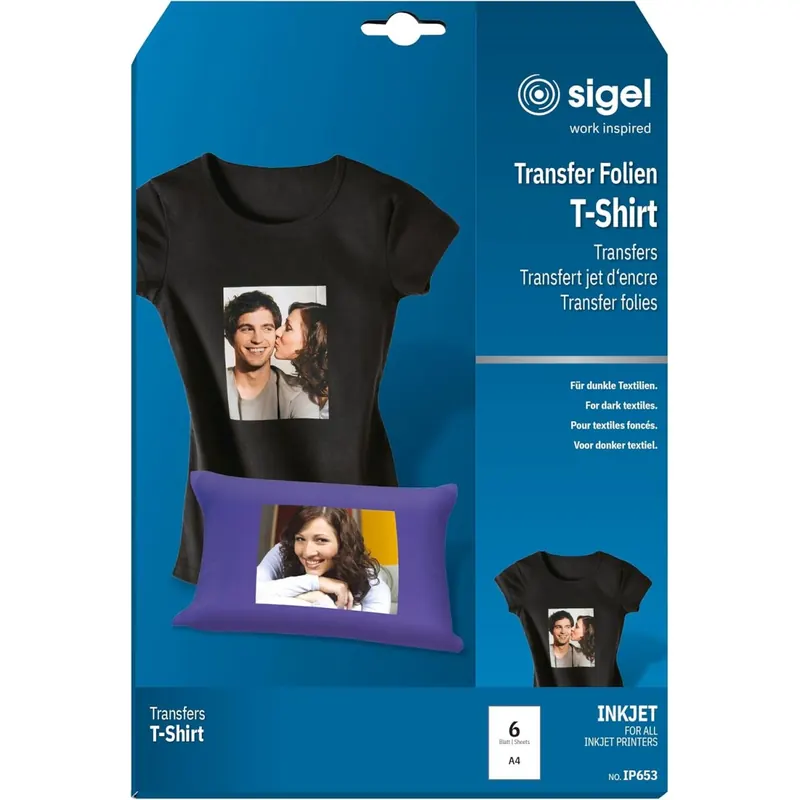 SIGEL IP653 Transferpapier Transferfolie Bügelfolie für dunkle Textilien und Tintenstrahldrucker, 6 Blatt A4