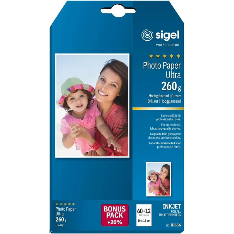 SIGEL IP656 InkJet-Fotopapier Ultra, 10x15 cm, 60 + 12 Blatt gratis, hochglänzend, extrem lichtbeständig, 260 g, für hochwertige Fotografien