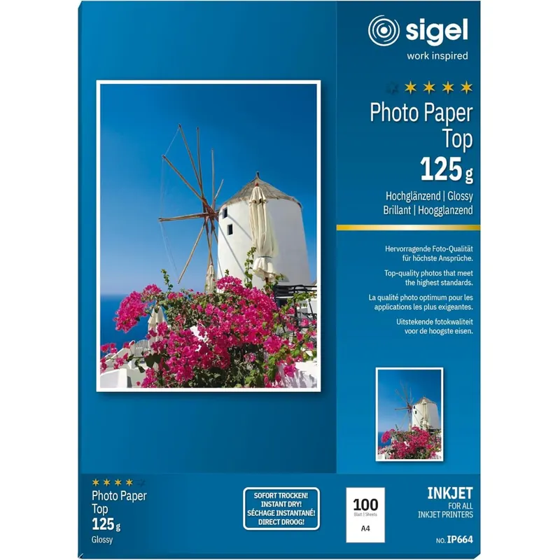 SIGEL IP664 InkJet Fotopapier Top, A4, 100 Blatt, hochglänzend, hochweiß, 125 g, für hochwertige Fotografien