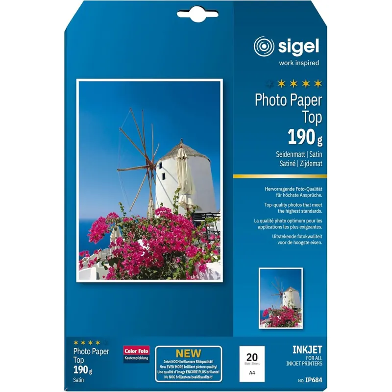 SIGEL IP684 InkJet Fotopapier Top, A4, 20 Blatt, seidenmatt, hochweiß, 190 g, für hochwertige Fotografien